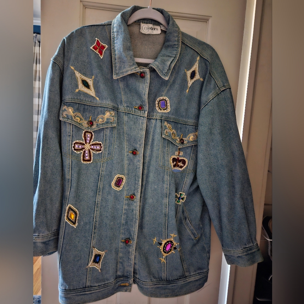 Womens Bedazzled Beaded Embroidered Denim Jacket Oversized Cedars 80s Size Small